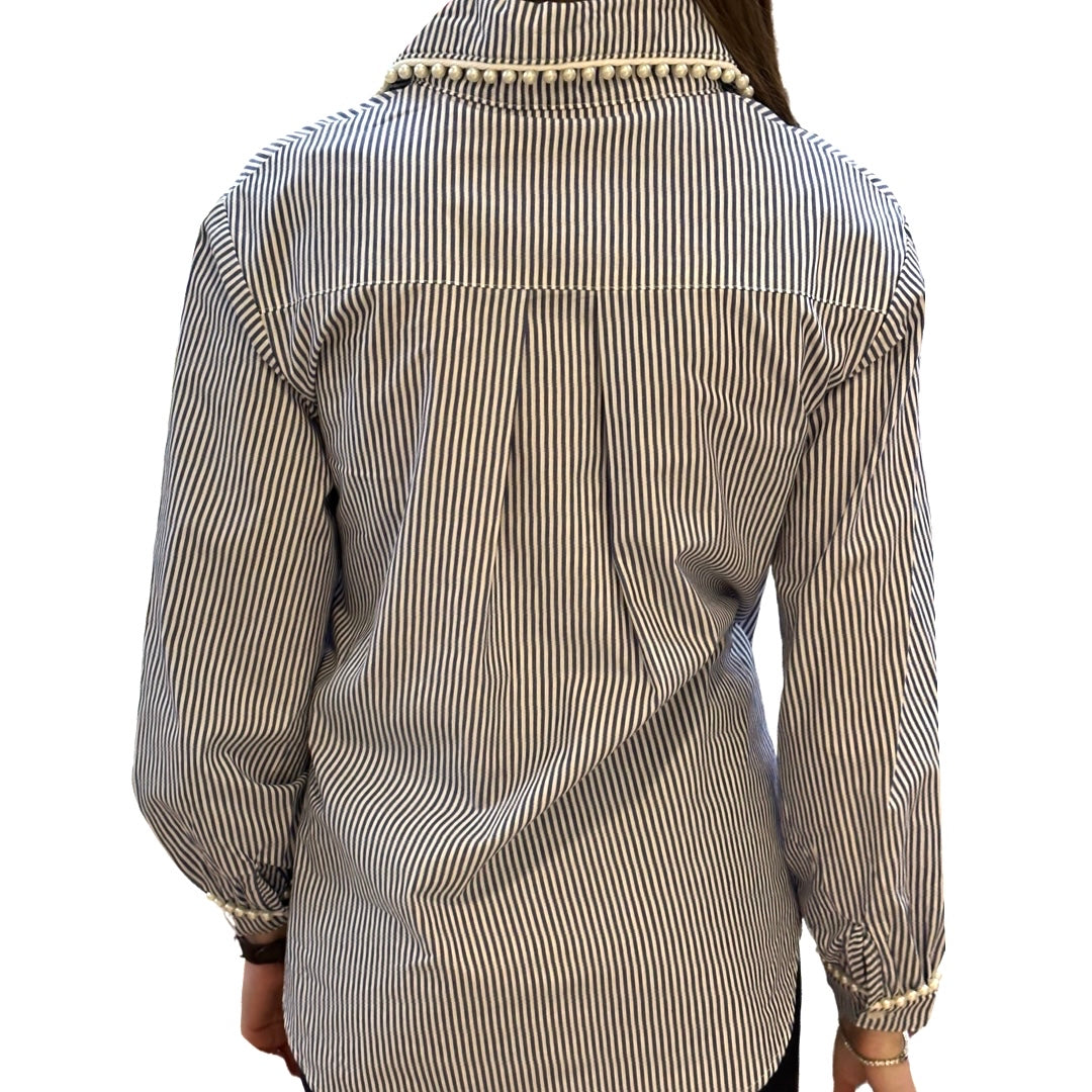 The Polly Pearl Trimmed Blouse in Navy and White — view 4