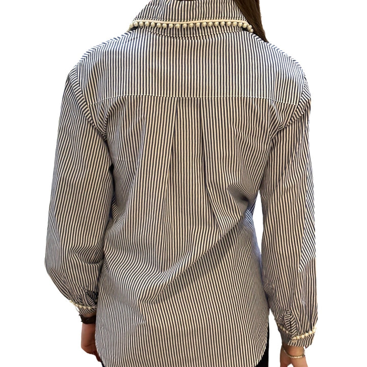 The Polly Pearl Trimmed Blouse in Navy and White — view 4