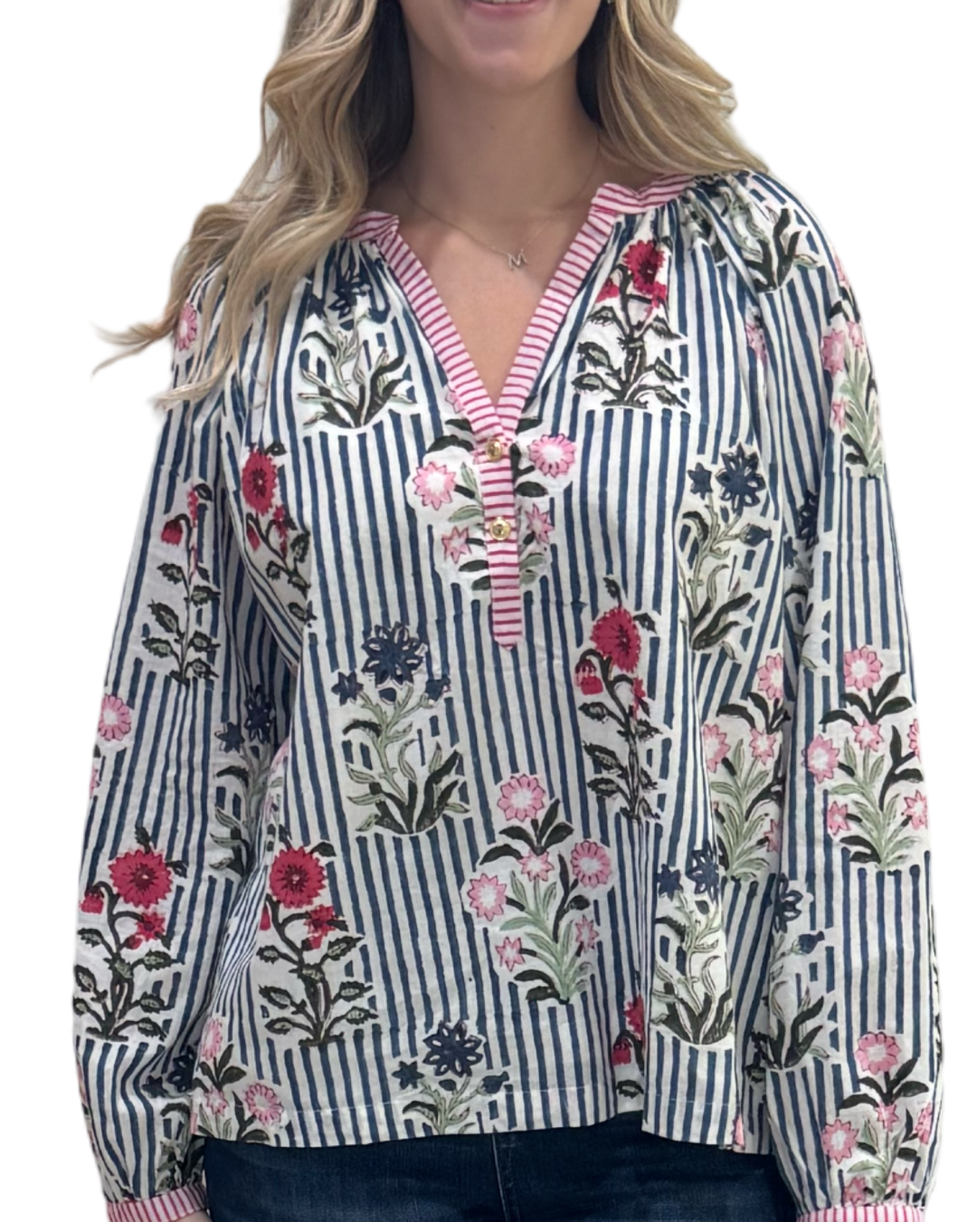 The Chandler Hand Block Printed Floral Striped Cotton Top in Blue Multi — view 3