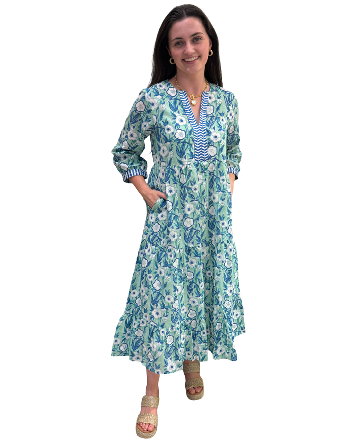 The Daniella Emboidered Trim Dress in Aqua Blue Hand Block Printed Floral — view 3