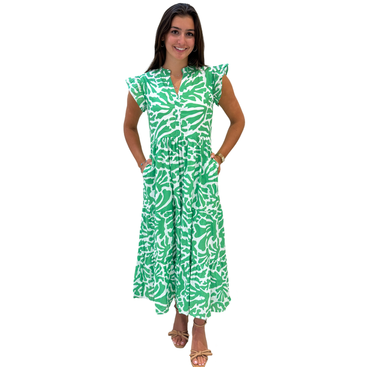 The Campbell Long Flutter Sleeve Dress in Vibrant Green and White
