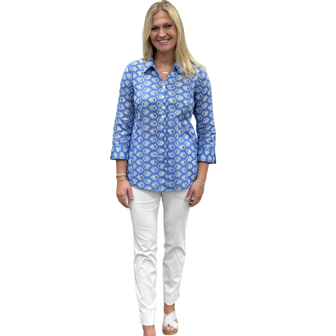 The Mason Button Front Top in Periwinkle Blue Floral — view 3