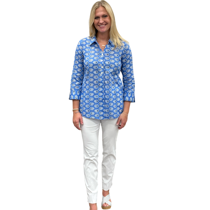 The Mason Button Front Top in Periwinkle Blue Floral — view 3