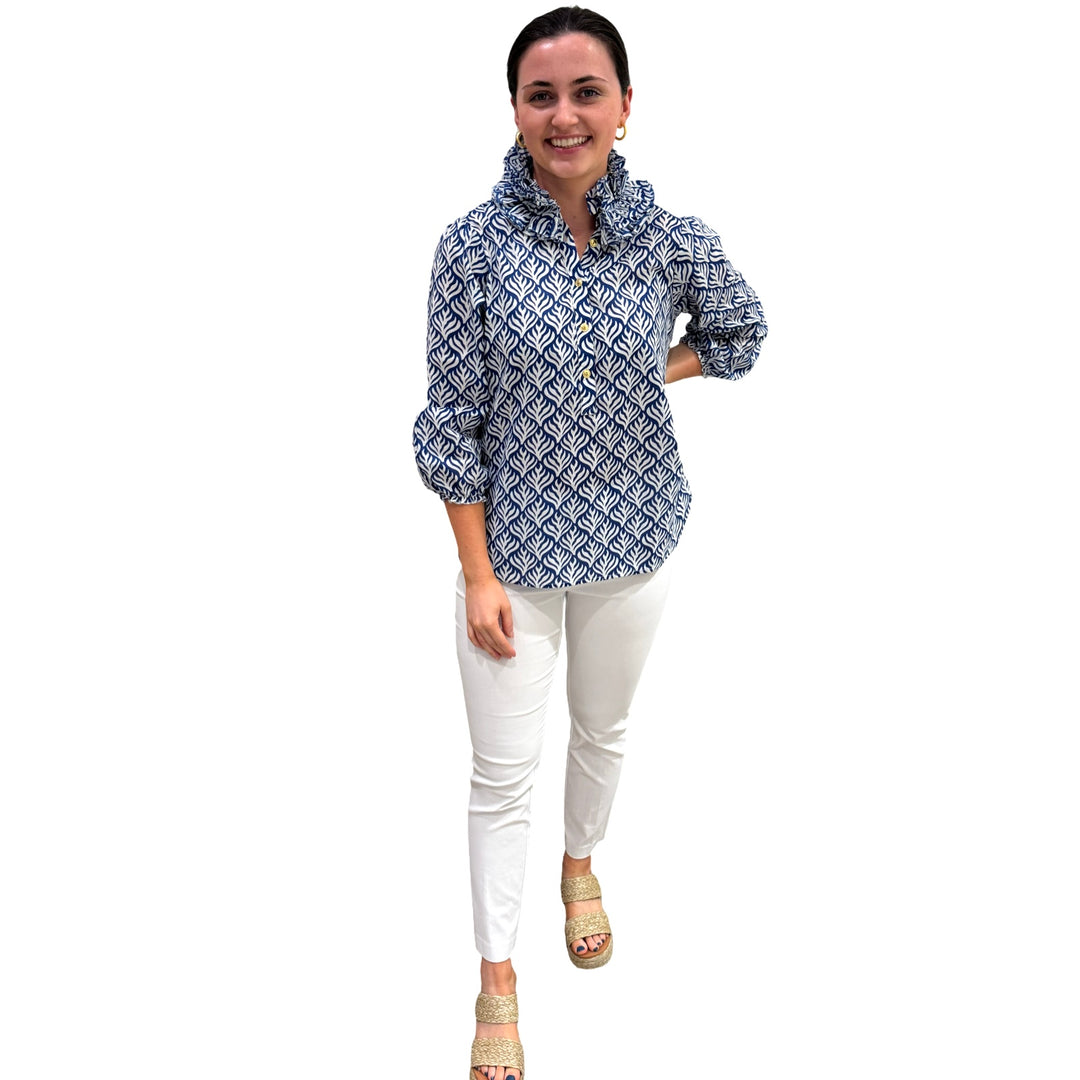 The Maria Ruffle Neck Blouse in Blue and White