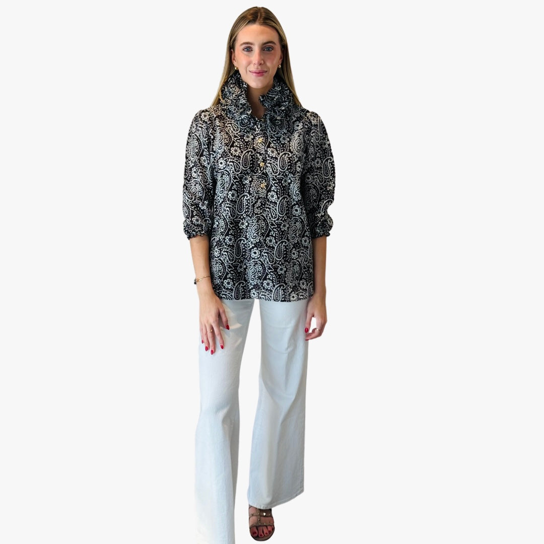 The Maria Ruffle Collar Blouse in Black and White — view 3