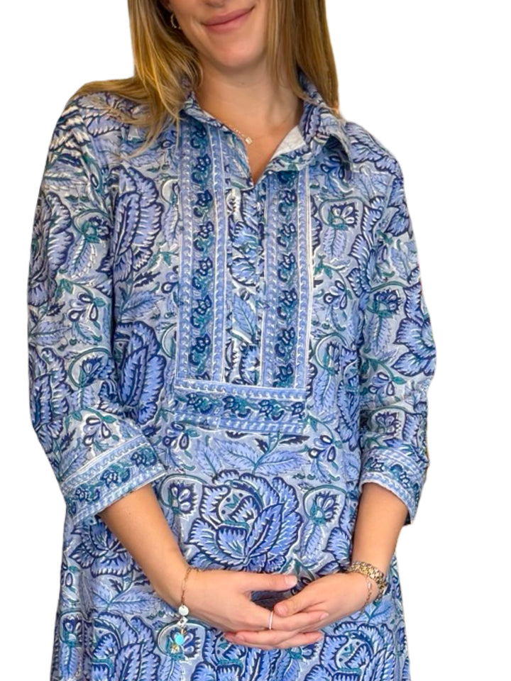 The Annika Long Length Dress in Blue Hand Block Printed Floral