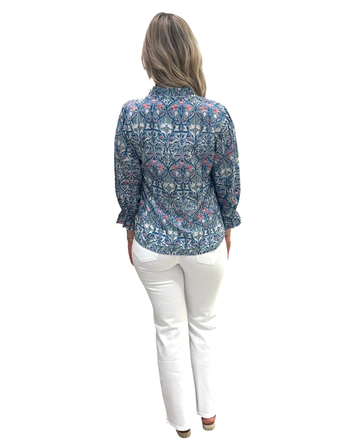 The Ainsley Hand Block Printed Cotton Ruffle Trimmed Top — view 6
