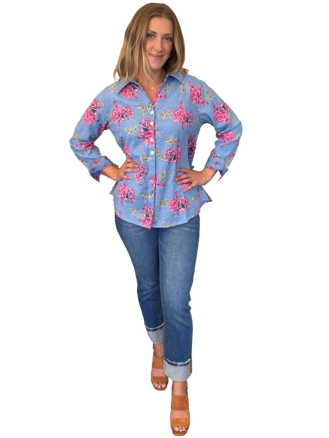 The Mason Button Front Top in Cornflower Blue Pink Floral
