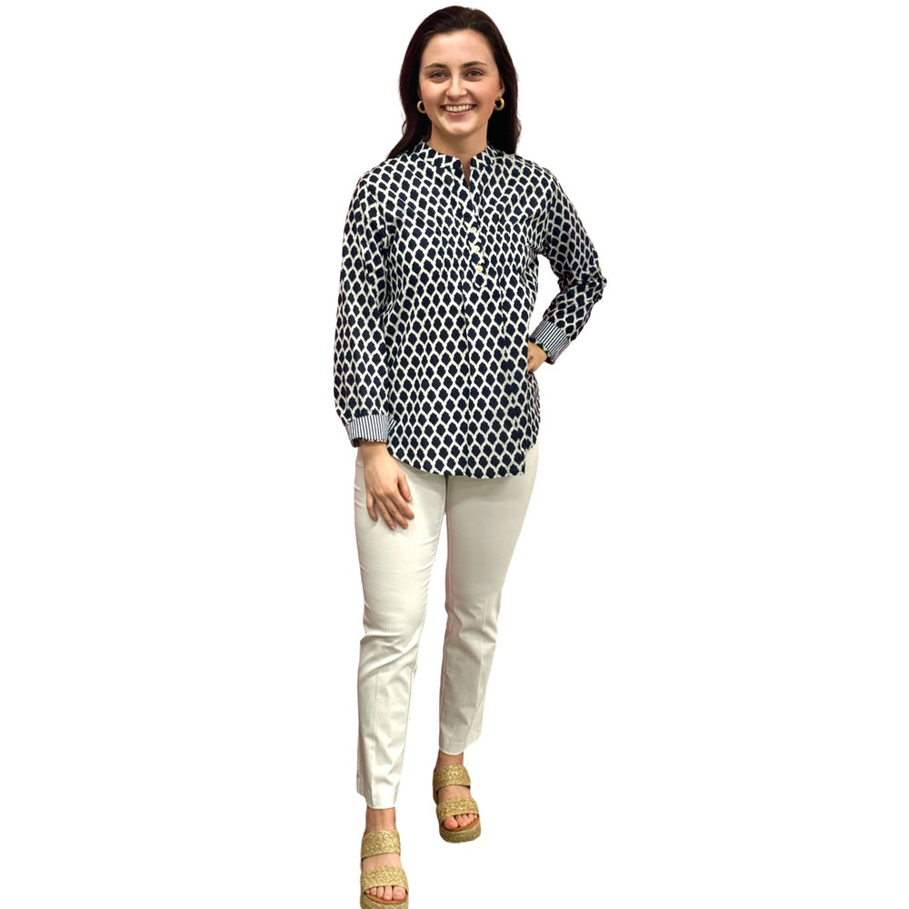 The Avery Navy and White Button Front Top — view 2
