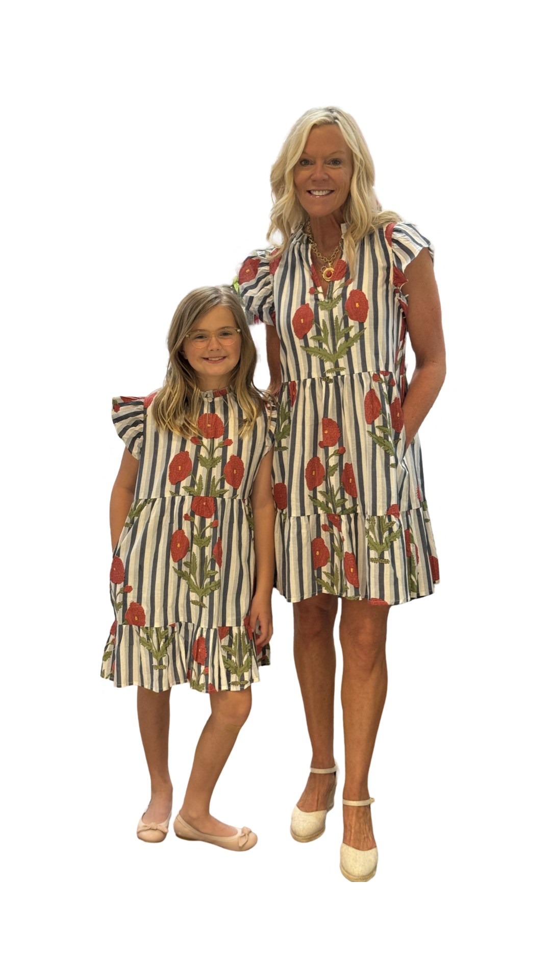 The Tinley Hand Block Printed Girls Dress in Grey Blue Striped Floral — view 5