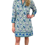 The Brie Cotton Block Print Dress in Green and Blue Floral Bird Print