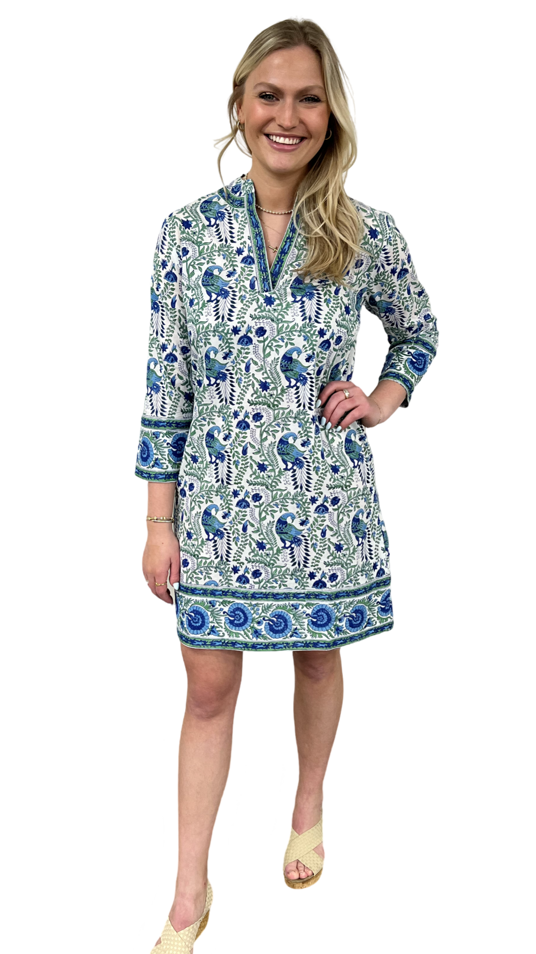 The Brie Cotton Block Print Dress in Green and Blue Floral Bird Print