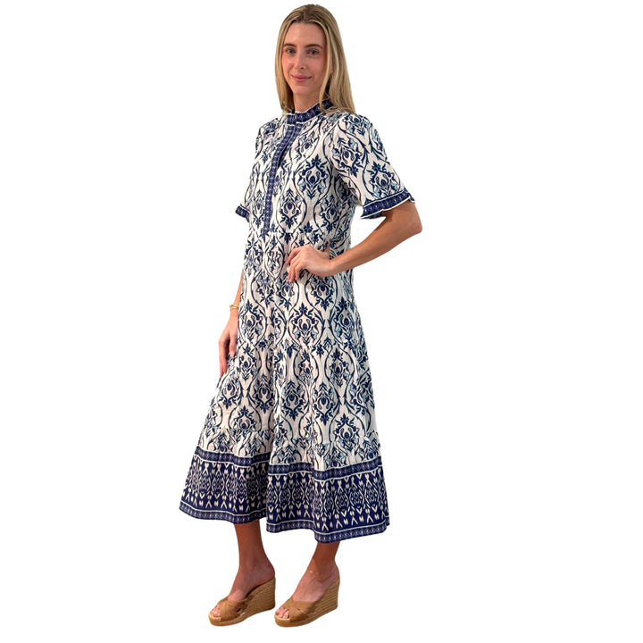 The Campbell Short Sleeve Long Hand Blocked Floral Border Print Dress in Blue and White — view 5