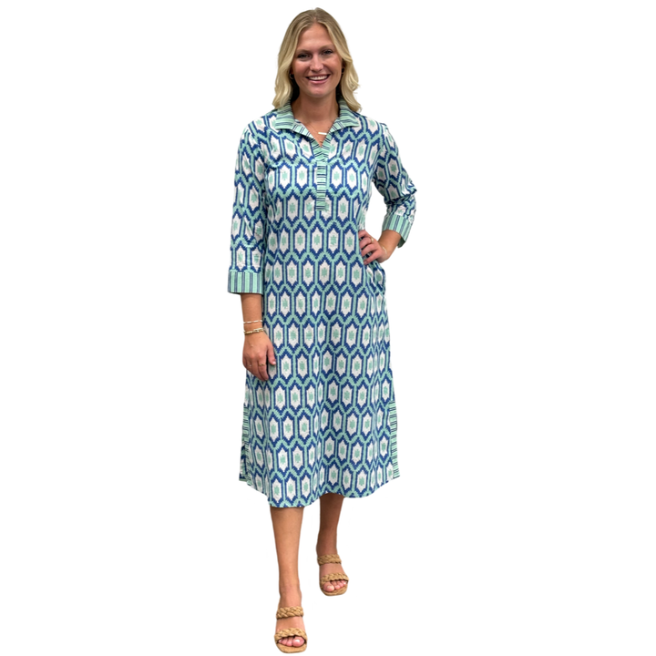 The Lisette Dress in Green and Blue Ikat — view 2