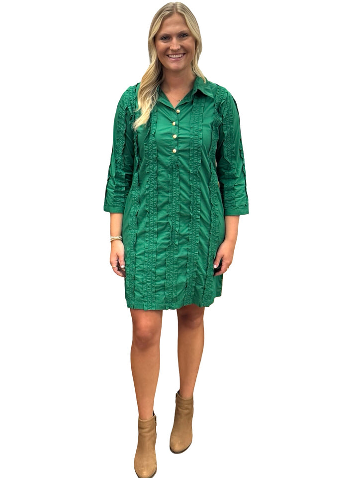 The Annika Button Front Shirt Dress in Emerald Green Ruffled Cotton