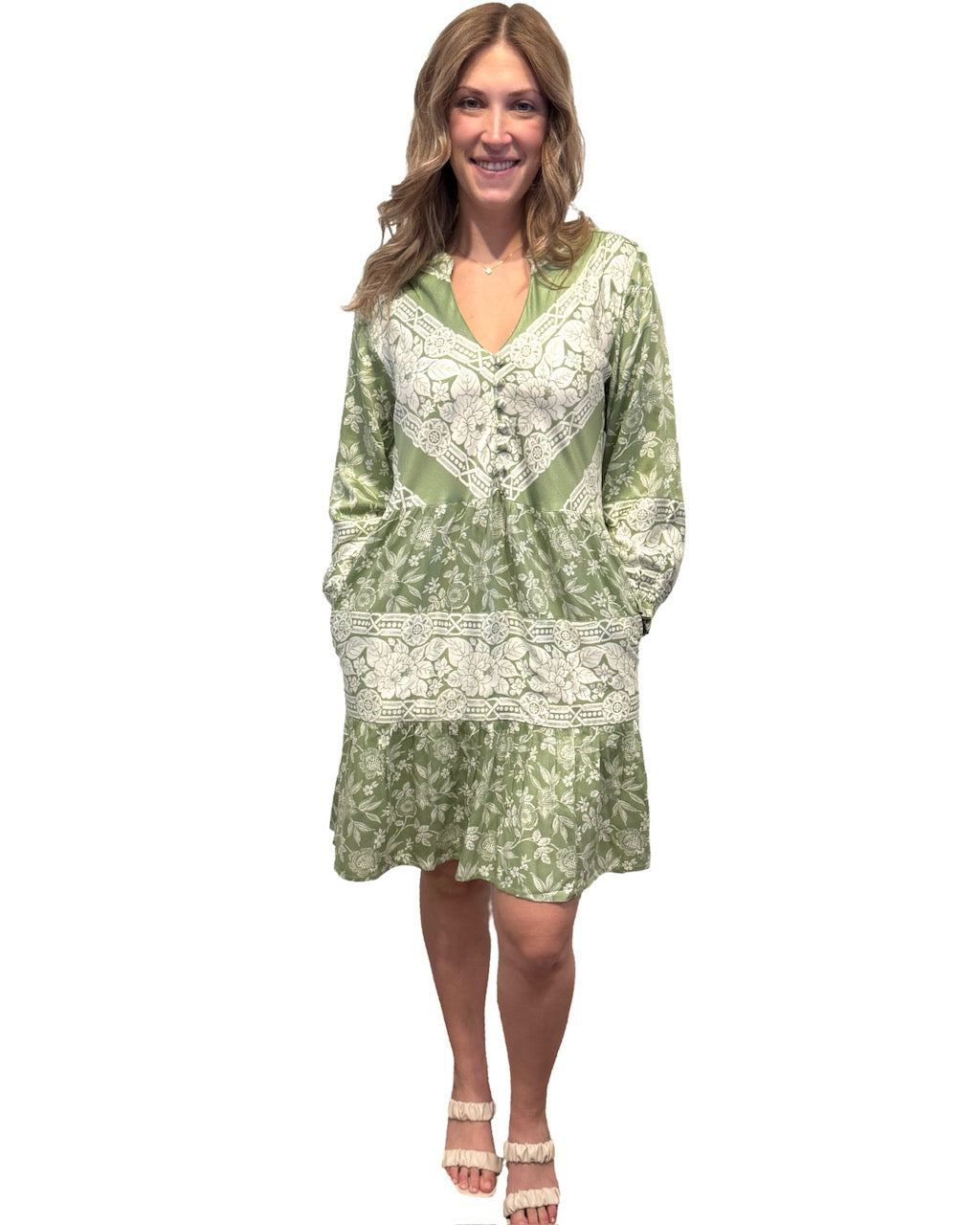 The Alexa Border Print Dress in Sage Green — view 4