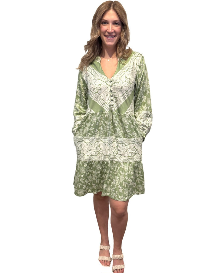 The Alexa Border Print Dress in Sage Green — view 4