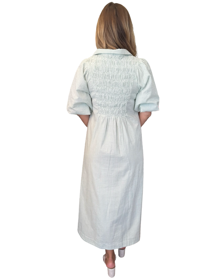 The Joanie Smocked Dress in Green and White Stripe