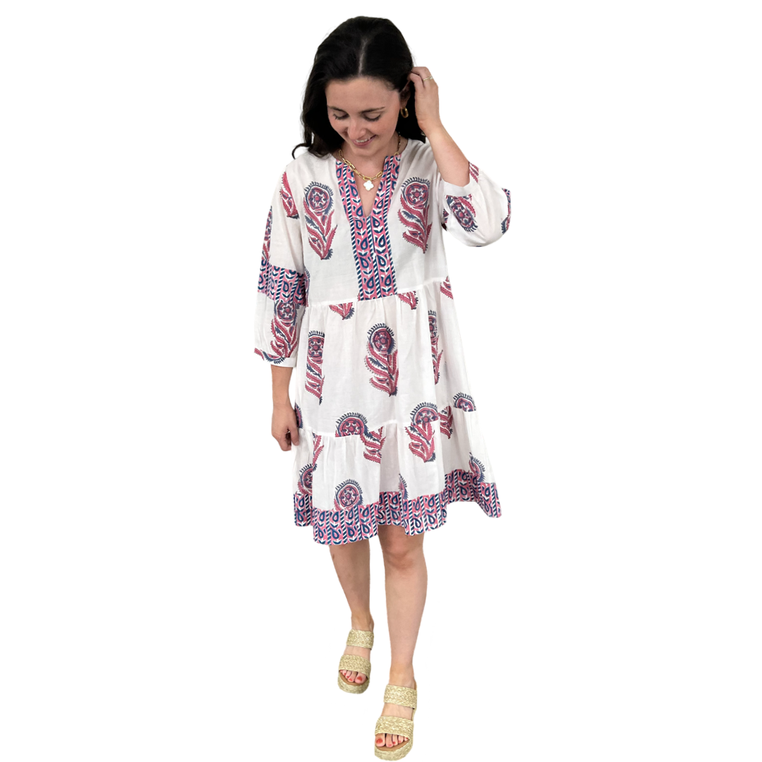 The Evie Hand Block Printed Dress in White and Pink Floral — view 4