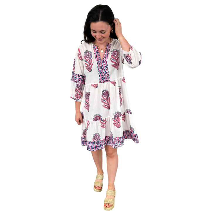 The Evie Hand Block Printed Dress in White and Pink Floral — view 4