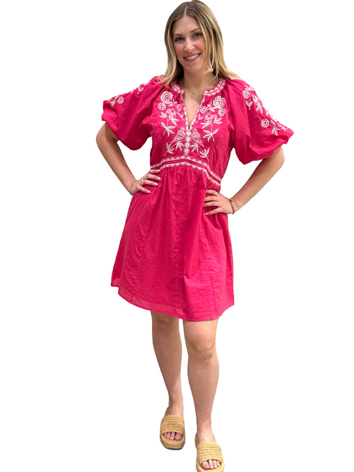 The Gabby Short Cotton Embroidered Dress in Hot Pink and White