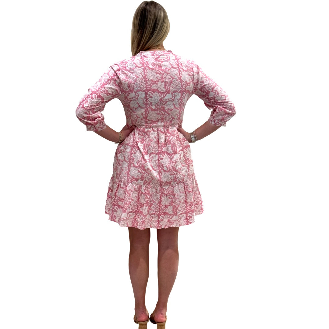 The Preston 3/4 Length Sleeve Dress in Pink and White Hand Blocked Cotton — view 4