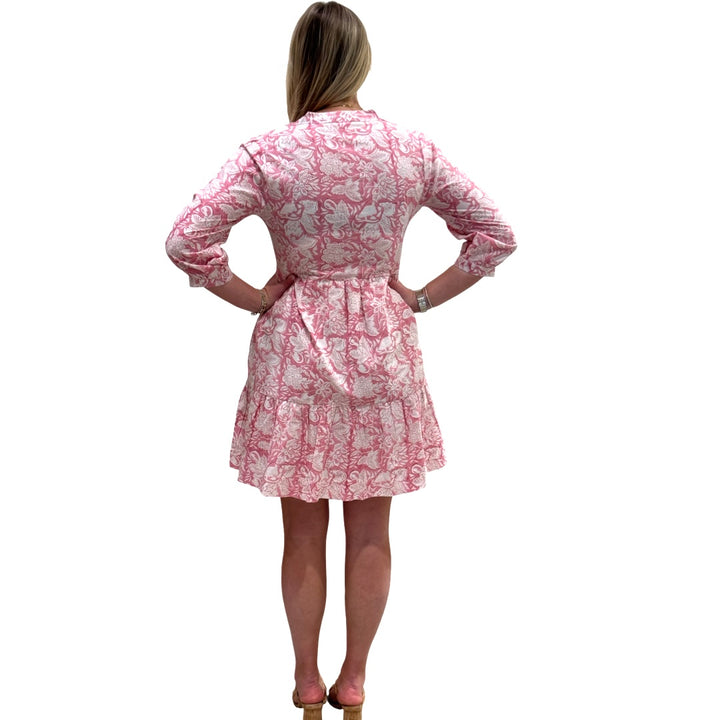 The Preston 3/4 Length Sleeve Dress in Pink and White Hand Blocked Cotton — view 4