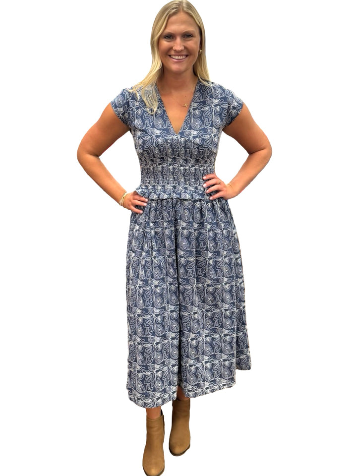 The MacColl Navy Embroidered Cinch Waist Dress