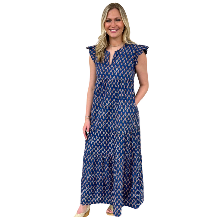 The Isabella Maxi Dress in Blue and Pink Hand Blocked Floral