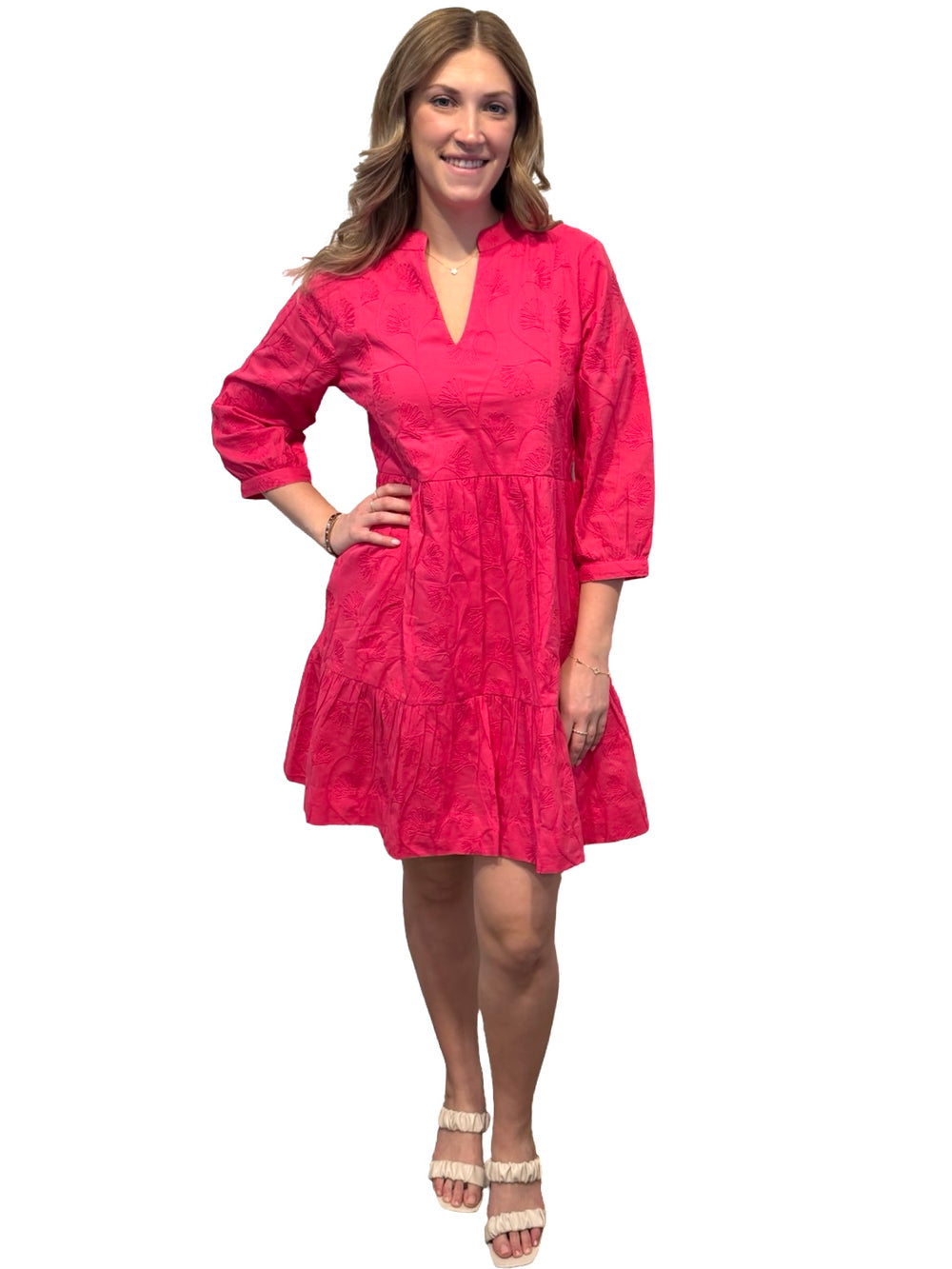 The Preston Embroidered 3/4 Sleeve Dress in Pink — view 2