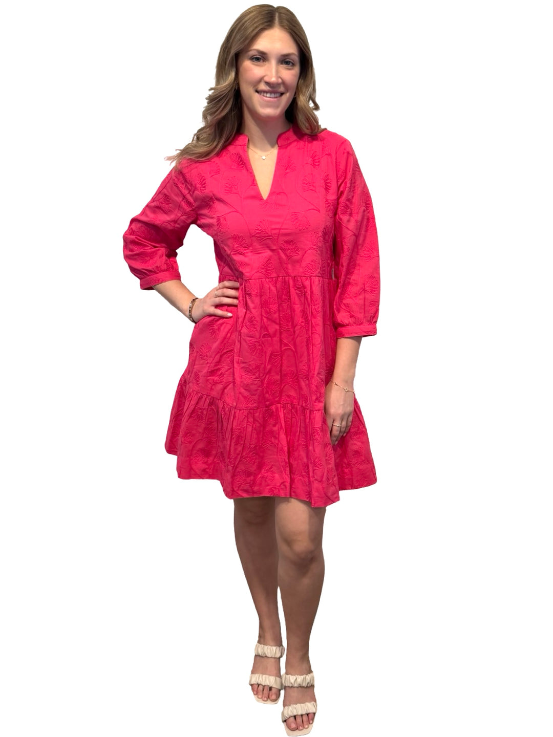 The Preston Embroidered 3/4 Sleeve Dress in Pink — view 2