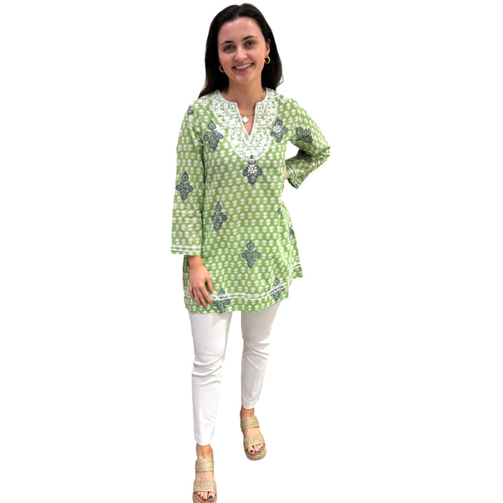 The Key Largo Embroidered Tunic in Light Green Hand Blocked Cotton — view 5