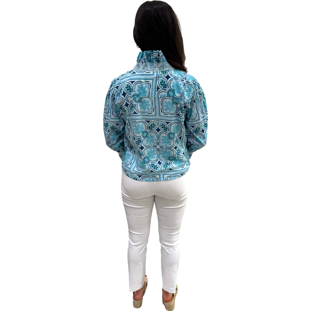 The Amelia Ruffle Front Cotton Top in Aqua Tile Print — view 5