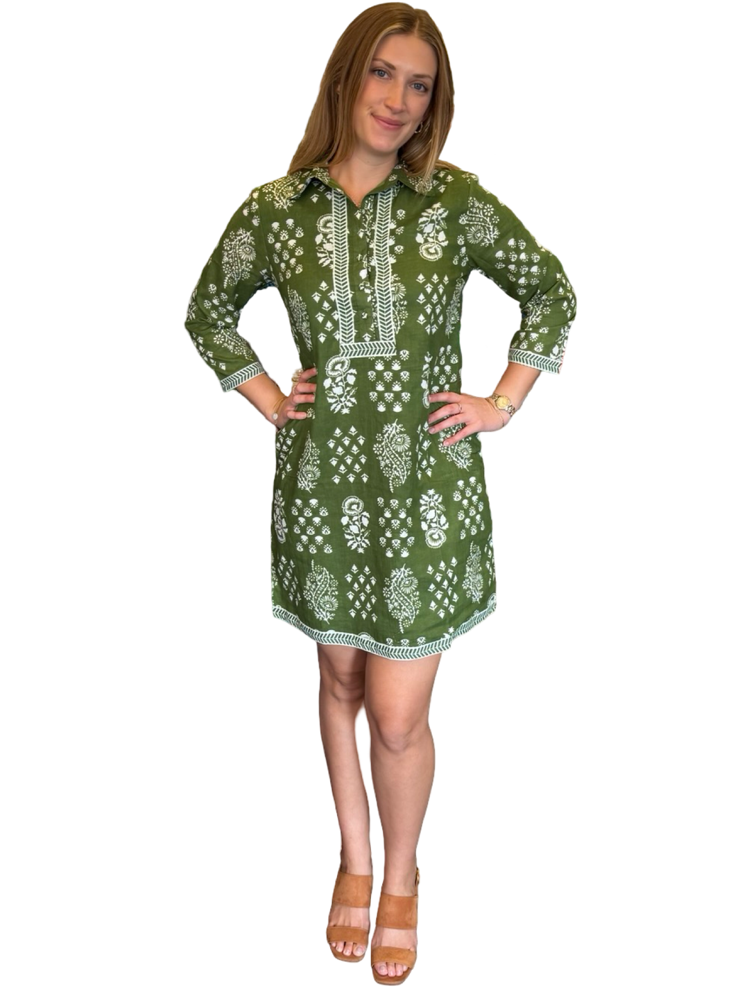 The Annika Button Front Dress in Olive Green and White