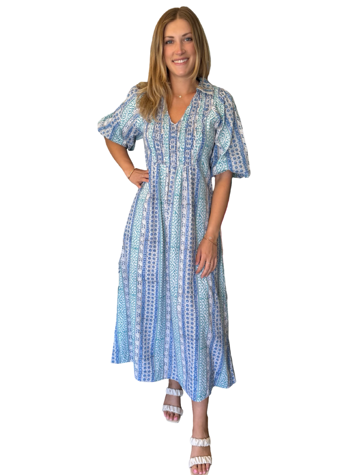 The Joanie Smocked Dress in Multi Green Blue — view 3
