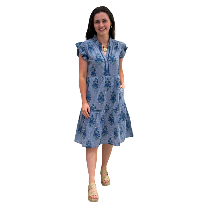 The Campbell Midi Length Dress In Blue Striped Floral