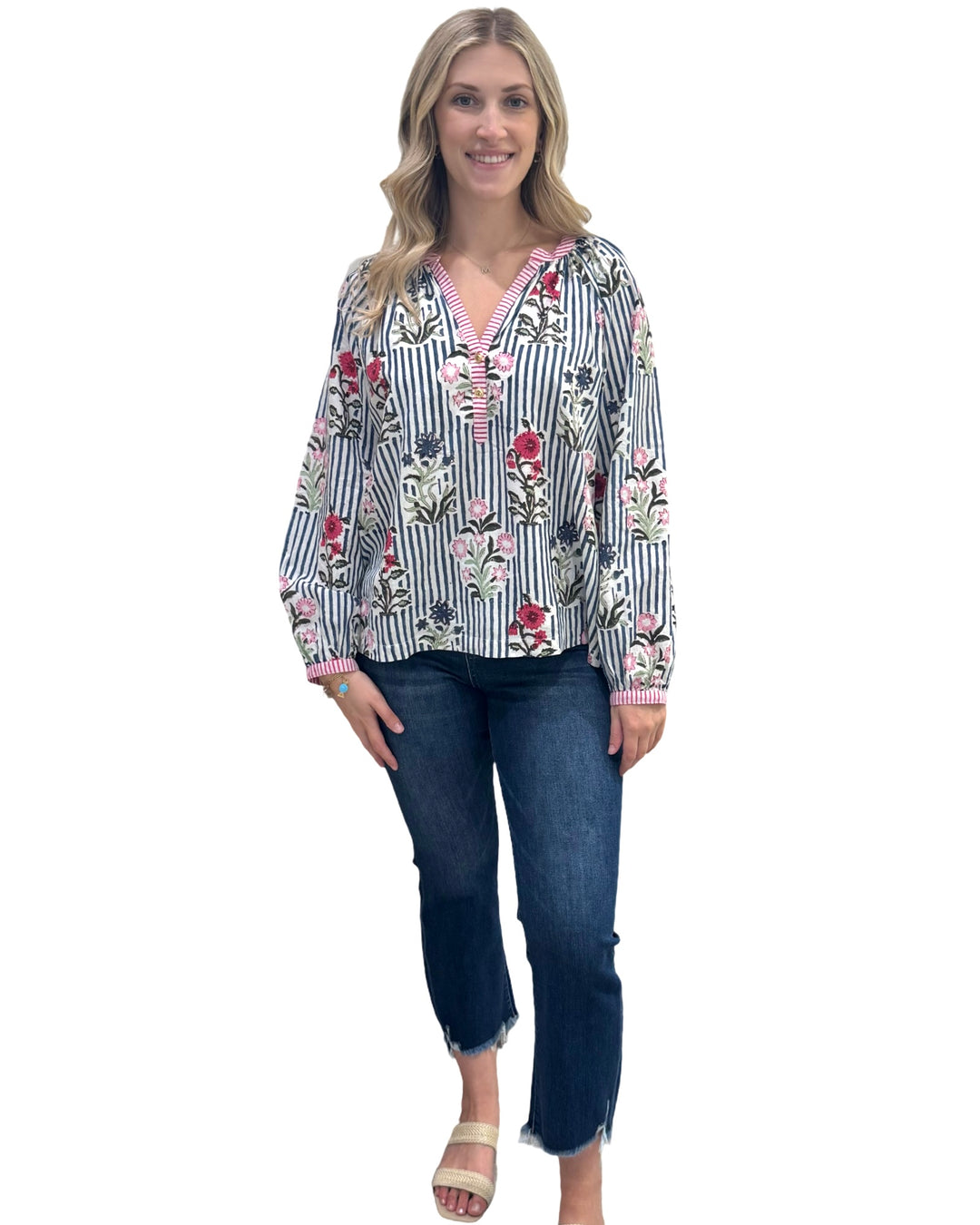The Chandler Hand Block Printed Floral Striped Cotton Top in Blue Multi