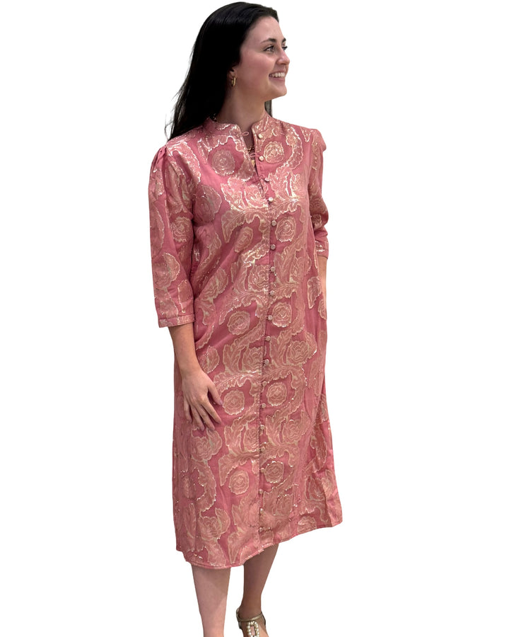 The Tabitha Button Front 3/4 Sleeve Dress in Rose Gold — view 4