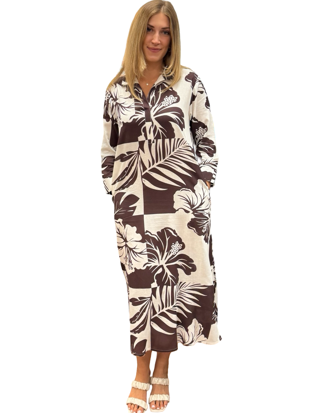 The Lisette Cotton Dress in Brown White — view 3