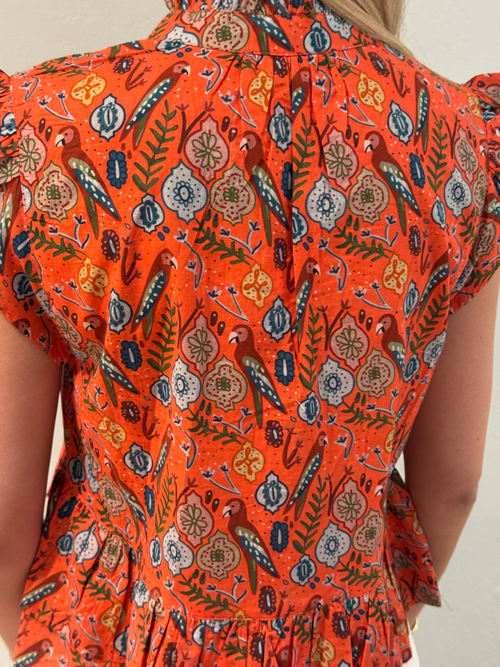 The Bella Ruffle Trim Top in Coral Parrot Print Cotton — view 7