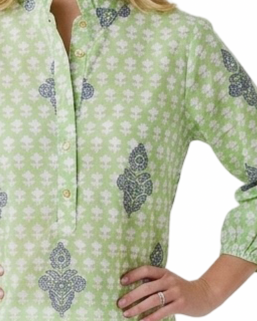 The Tricia Cotton Top in Light Green Hand Block Printed Cotton — view 2