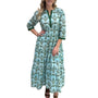 The Sydney Cotton Cinch Waist Dress in Blue Green Fan Print