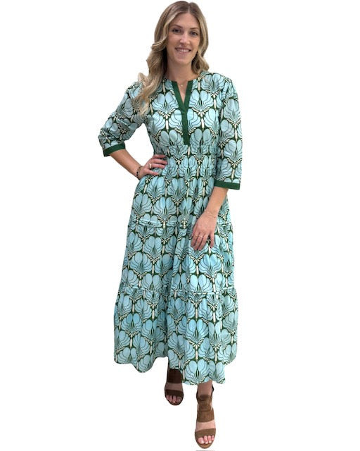 The Sydney Cotton Cinch Waist Dress in Blue Green Fan Print