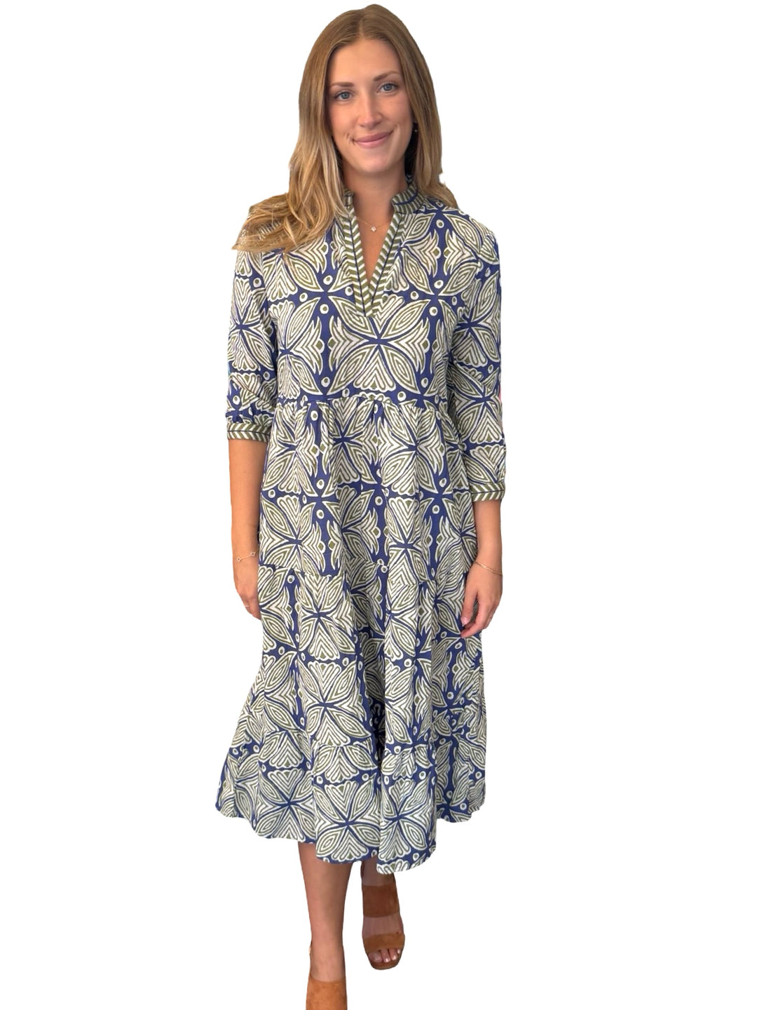 The Daniella Embroidered Trim Dress in Navy Green