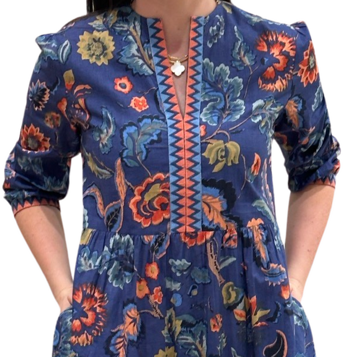 The Daniella Embroidered Trim Dress in Sunset Floral Hand Block Print — view 4