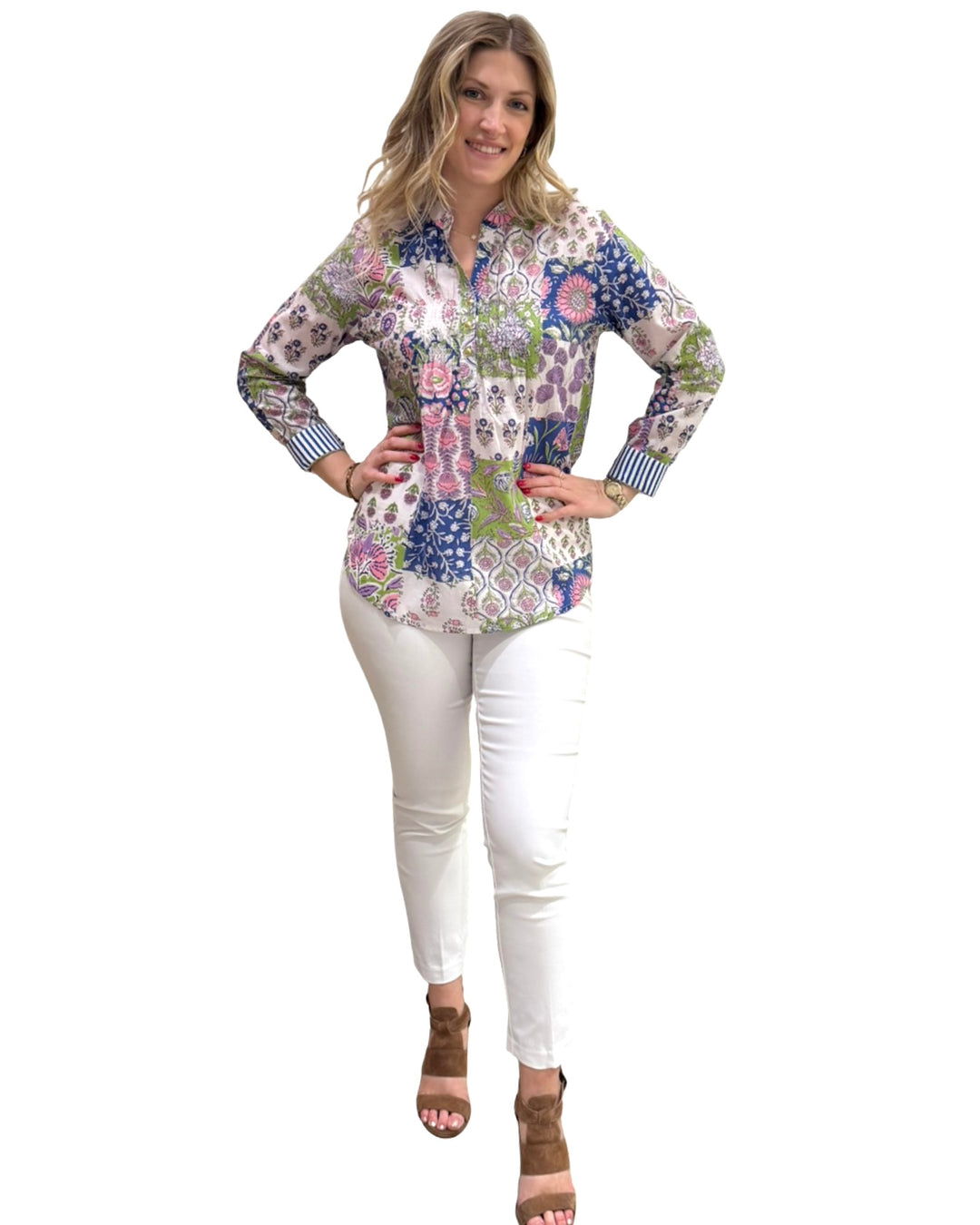 The Avery Cotton Top in Vibrant Patchwork Print