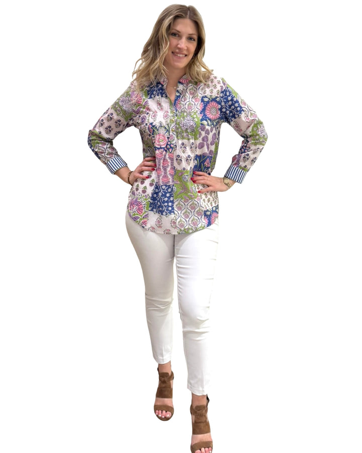 The Avery Cotton Top in Vibrant Patchwork Print