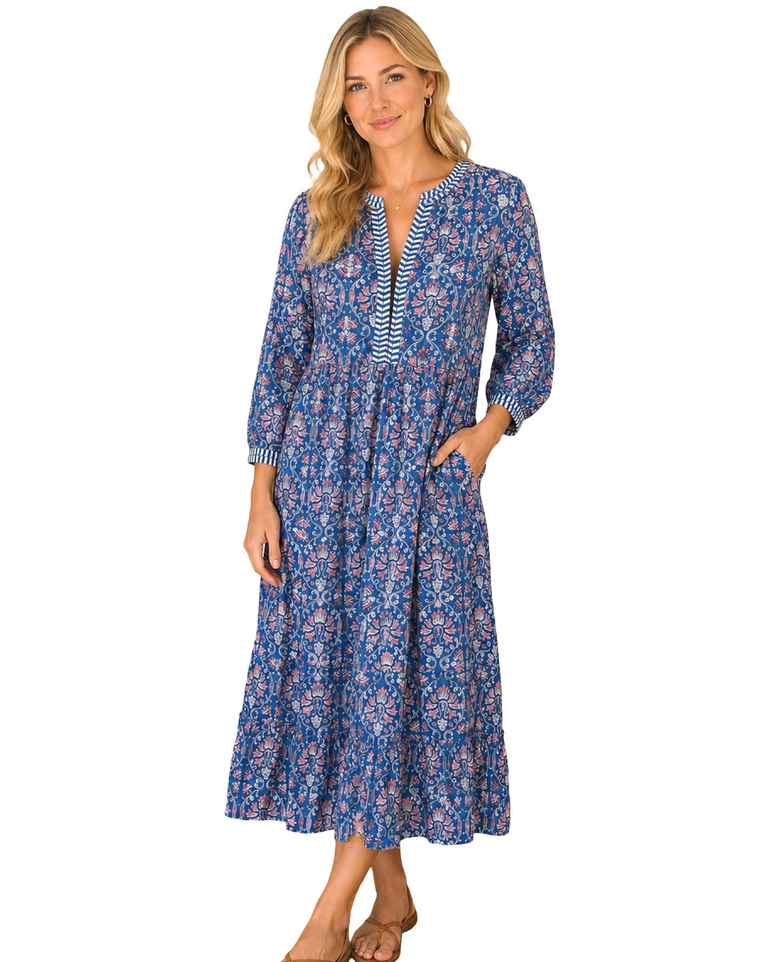 The Daniella Embroidered Trim Cotton Dress in Blue Lavender Floral