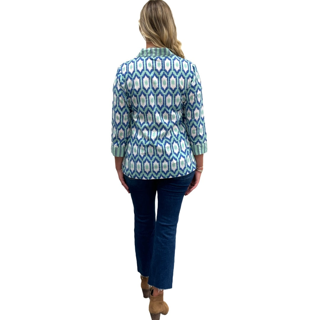 The Lisette Top in Green Blue Ikat — view 8