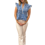 The Bella Ruffle Trim Top in Blue Trellis Cotton
